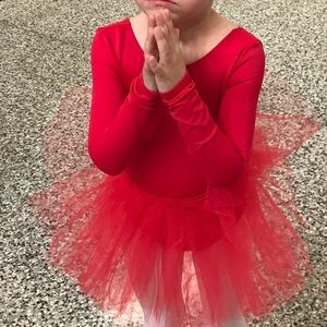 Red Long Sleeve Leotard with Tutu & Bow -  S/XS